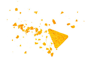 Pile tortilla chips crumbs, yellow pieces flying isolated on white background - 763236287