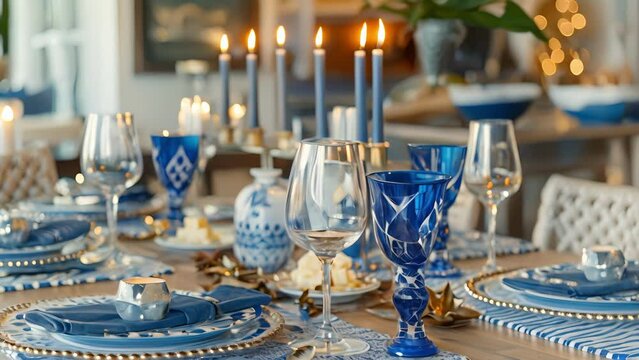 A modern twist on Hanukkah decor fills the table with metallic geometric menorahs sleek glass dreidels and chic blue and white patterned placemats. The spread of gifts and