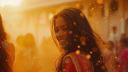Hinduska kobieta odwraca się przez ramie uśmiechając się pięknie podczas celebracji kolorów Holi. - obrazy, fototapety, plakaty
