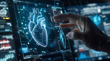 Heart hologram, check test results on virtual interface, and analyze data. Heart disease, myocardial infarction, innovative technology, medicine of the future. Generative Ai - obrazy, fototapety, plakaty