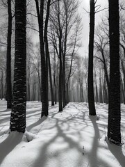 black and white snowy forest in winter 