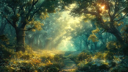 Fototapeta na wymiar Mystical Sunlit Forest Path with Flowers - A serene forest path lit by a soft glow through the trees, blanketed by yellow flowers and verdant foliage