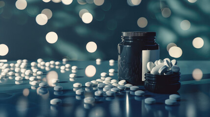 Medication pills spilled from bottle - A dark medicine bottle spills an assortment of white pills against a backdrop with soft bokeh lights