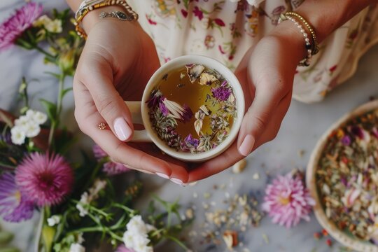 Hands holding herbal tea with flowers - A close-up image of hands gently holding a cup of herbal tea adorned with vibrant flowers and petals, indicating a sense of tranquility and self-care