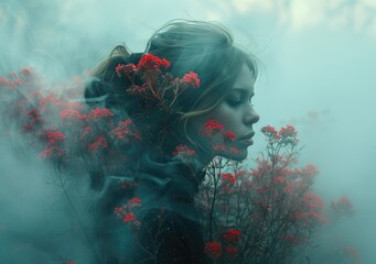 Artistic image of a woman with flowers in smoke - An ethereal and artistic representation of a woman surrounded by swirls of smoke and red flowers, exuding a dreamy vibe