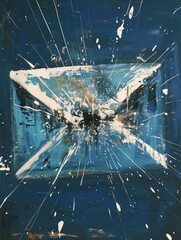 Abstract Art of Shattered Glass on Blue - An abstract painting showcasing a shattered glass effect on a rich blue backdrop, evoking a sense of chaos and creativity - obrazy, fototapety, plakaty