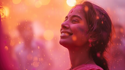 Kobieta z kropką na czole uśmiecha się, stojąc w deszczu różowego pyłu