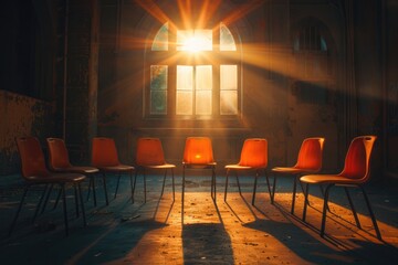 A single shadowy presence among empty chairs under soft, warm lighting reflects the nuanced path of healing from depression towards emotional support and resilience, loneliness, hope, support