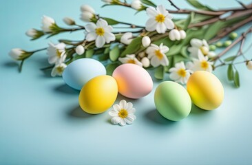 Easter eggs and spring flowers on a plain blue background - Easter decoration, card, banner, panorama, background.