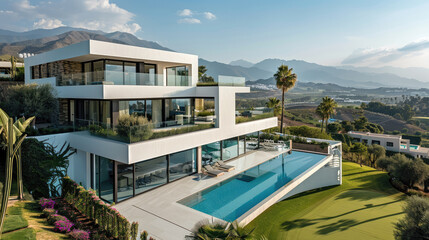 Obraz premium Modern villa built over a single floor in L shape, overlooking golf course in a valley. Generative AI.