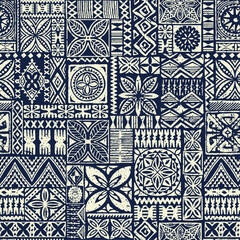Hawaiian tribal elements fabric and Polynesian tapa cloth patchwork abstract vintage wallpaper vector seamless pattern for fabric wear shirt pillow tablecloth