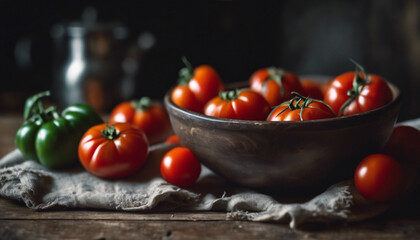 Delizie della Terra- Pomodori su Tovagliolo di Lino su Tavolo di Legno Antico