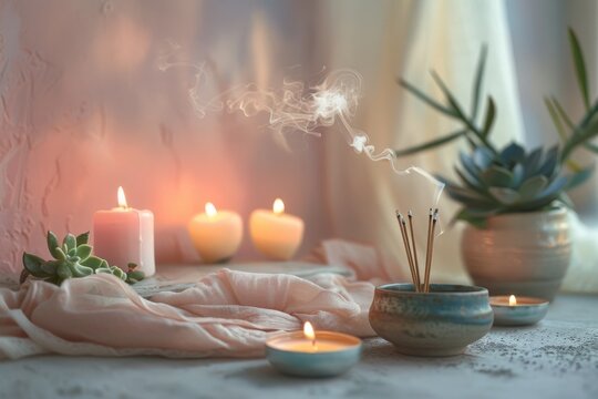 An intimate corner designed for meditation, showcasing a delicate arrangement of tea light candles, a ceramic incense holder with smoldering incense, and a handmade meditation cushion.