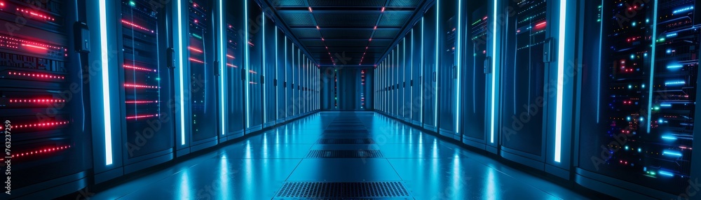 Poster an advanced data facility features neatly organized server racks in a dimly lit environment, accentu