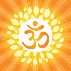 Om or Aum Indian sacred sound. The symbol of the divine triad of Brahma, Vishnu and Shiva. The sign of the ancient mantra. Vector illustration - obrazy, fototapety, plakaty