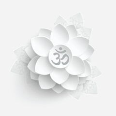 Paper flower. White lotus cut from paper. Om or Aum Indian sacred sound. The symbol of the divine triad of Brahma, Vishnu and Shiva. The sign of the ancient mantra. Om symbol sign on white