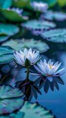 Water lilies blooming in a serene pond
