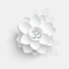 Paper flower. White lotus cut from paper. Om or Aum Indian sacred sound. The symbol of the divine...