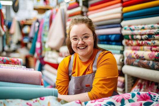Jeune fille handicap&eacute;e, trisomique, souriante, travaillant comme vendeuse dans un magasin
