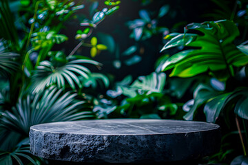 Podium de présentation en pierre grise, dans décor naturel, avec arrière plan en feuille vertes tropicales