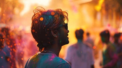 Mężczyzna z włosami w kolorowym pyle stoi w centrum gromadzącej się tłumy ludzi podczas celebracji kolorów Holi.  - obrazy, fototapety, plakaty