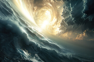 A tsunami wave of light coming to earth. Generative AI.