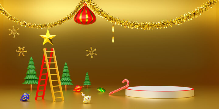Podium empty and Christmas tree with ladder and ornaments in Gold composition for modern stage display and minimalist mockup ,Concept Christmas and a festive New Year, 3d illustration or 3d render