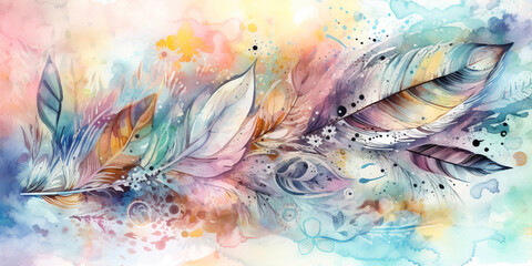 Boho style abstract art with feathers. Beautiful pastel colours watercolour background. Generative AI