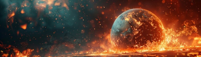 The Earth globe suffers the impact of destruction caused by ruthless fires, depicting the devastating aftermath of uncontrolled global warming.