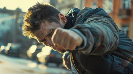 Dramatic pose of a young man throwing a punch with an intense street backdrop. - obrazy, fototapety, plakaty