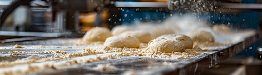 Fototapeta na wymiar Illustrate the process of dough mixing in a large-scale bakery, where advanced machinery expertly combines ingredients and kneads the dough to achieve ideal texture