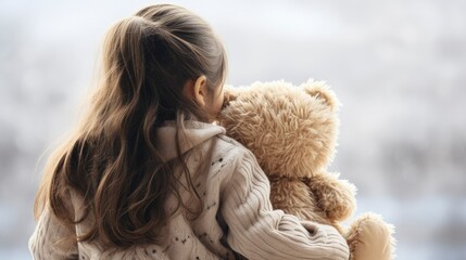 Rear view of a little girl hugging her favorite teddy bear. Girl with teddy bear