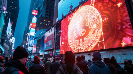 A large screen displaying rising Bitcoin values - obrazy, fototapety, plakaty