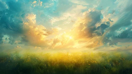 Poster Soft brush strokes form an impressionistic sky scene, capturing the ambiance and radiant sunlight on a beautiful spring morning. © tonstock