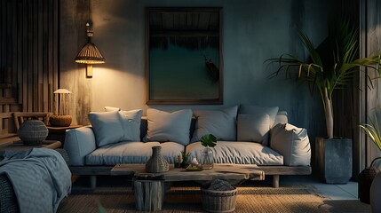 an AI-crafted visual story of a coastal retreat, highlighting a grey sofa and a rustic table, situated in a dimly lit room to capture the relaxed and tranquil ambiance of a beachside getaway