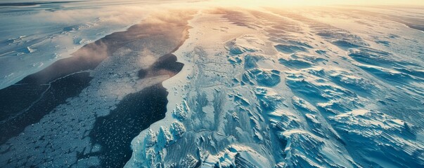 Aerial view of melting ice landscape - obrazy, fototapety, plakaty