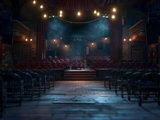 A dimly lit theater stage with rows of empty seats, Hyper realistic. - obrazy, fototapety, plakaty