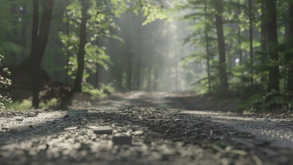 Fototapeta premium Sunlight streams through a serene forest path, invoking calm and mystery.