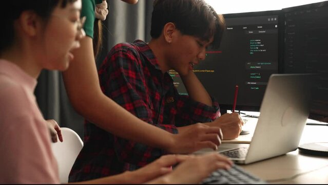 Slow motion back end software developer engineer for computer programming working together on debugging writing computing code, solving complex algorithms display on monitor in office. Burgeoning