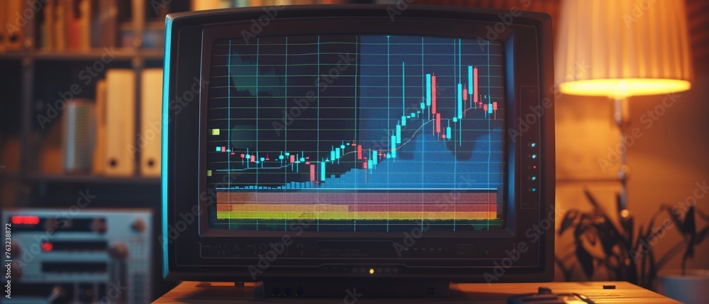 Wall mural a retro computer or television screen with a colorful stock market graph.