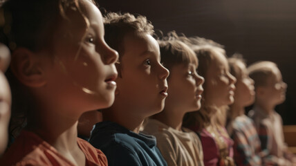 Young audience, captivated by a performance, gaze with wonder and anticipation.