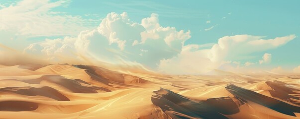 Panoramic view of sand dunes under blue sky and clouds - obrazy, fototapety, plakaty