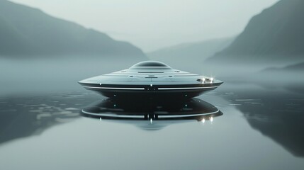 A minimalist UFO featuring a glossy surface and futuristic accents, exuding a sense of advanced technology, Hyper realistic - obrazy, fototapety, plakaty
