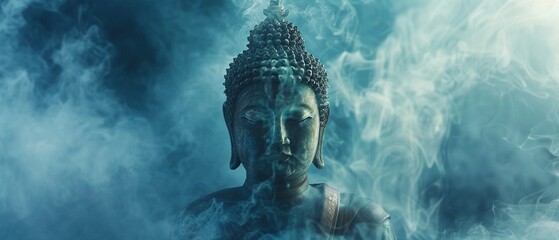 A serene Buddha statue engulfed in an eerie mist. - obrazy, fototapety, plakaty