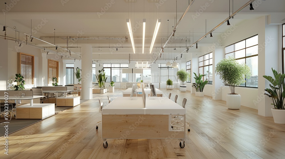 Poster an open office space with white and wooden desks. generative ai.