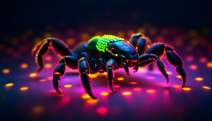 Fototapeta premium A colorful, neon scorpion silhouette with a light gray in the background