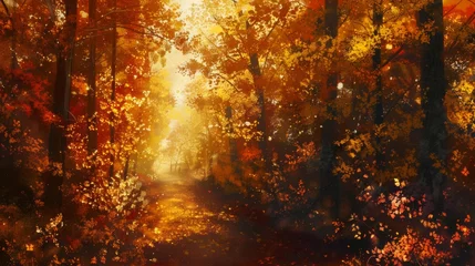 Photo sur Plexiglas Rouge violet Enchanted autumn forest with golden sunlight