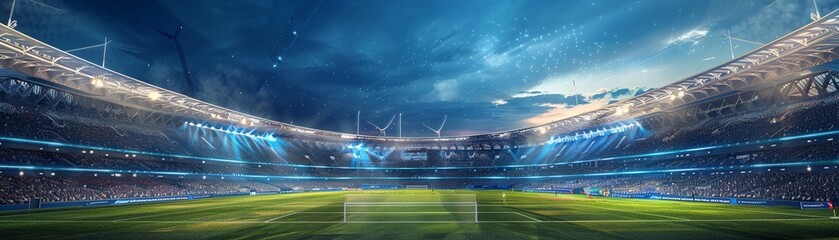 Solar and wind-powered infrastructure creating sustainable environments for sports events.