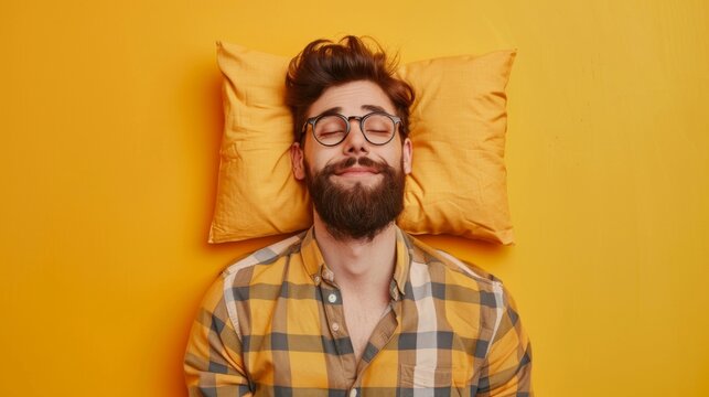 a young man sleeping on pillow isolated on pastel yellow colored background Sleep deeply peacefully rest. Top above high angle view photo portrait of satisfied .senior wear yellow shirt