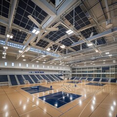 Sustainable design in athletic arenas showcasing solar panels and wind turbines.